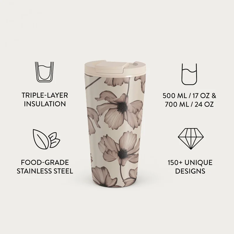 بورجا طقم كوب سفر بورجا  مل بغطاء قلاب وماصة - ستانلس ستيل خالٍ من البيسفينول، عزل ثلاثي الطبقات، مقاوم للتسرب، تصميم مطبوع فاخر للمشروبات الساخنة والباردة